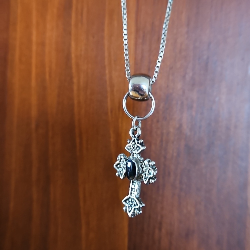 925 Silver Chain Necklace & Gothic Silver Cross With Black Gemstone, Vintage 90s - Picture 2 of 5